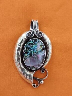 Vintage Abalone Shell 925 SS Pendant in Iridescent Blue-Green